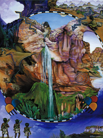 Geddy Epaloose, Chimik'yana'kya dey'a (Ribbon Falls), 2010. Acrylic on canvas, 48 x 36 in. 